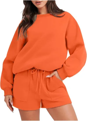 2 Piece Outfits Sweatsuit For Women Oversized Crewneck Sweatshirt & Lounge Shorts Set 2023 Fall Fashion Tracksuit