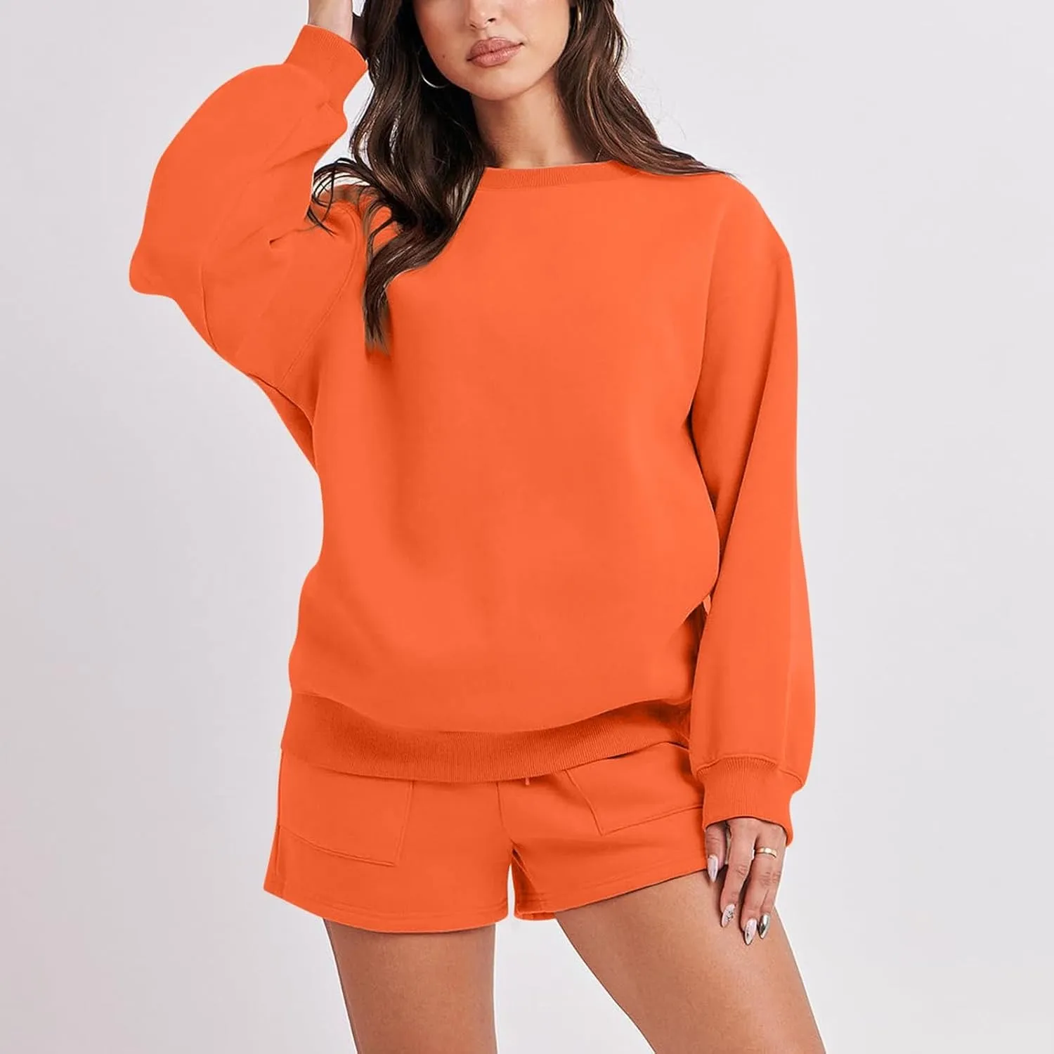 2 Piece Outfits Sweatsuit For Women Oversized Crewneck Sweatshirt & Lounge Shorts Set 2023 Fall Fashion Tracksuit
