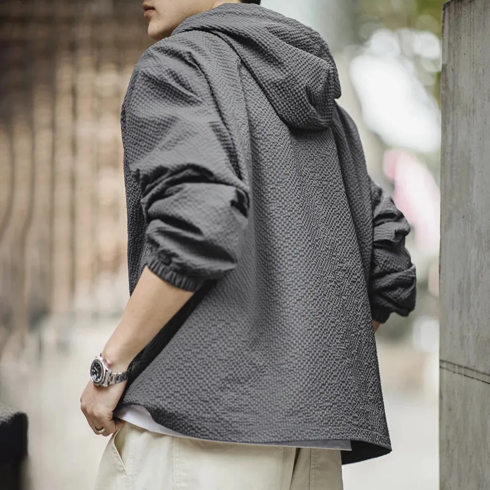 Aidase Men Casual Jacket Hooded Hoodies Spring and Autumn Pullover Hooded Jacket Solid Color Gray Clothing for Men Loose Comfort