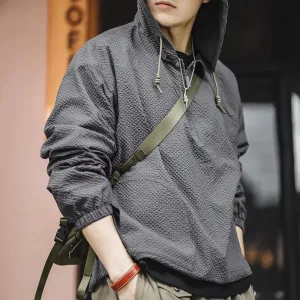 Aidase Men Casual Jacket Hooded Hoodies Spring and Autumn Pullover Hooded Jacket Solid Color Gray Clothing for Men Loose Comfort