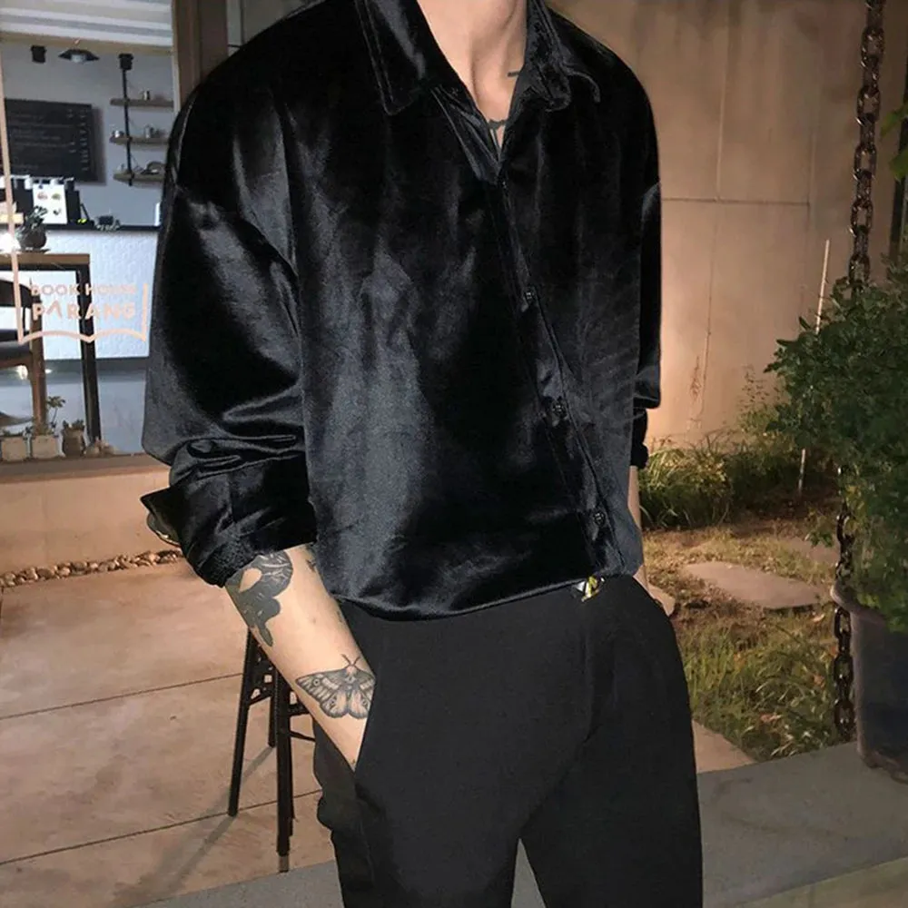 Aidase Mens Autumn French Solid Color Gold Velvet  Shirt Comfortable Fashion Trendy High Street Lazy Casual Long-Sleeve Top For Men