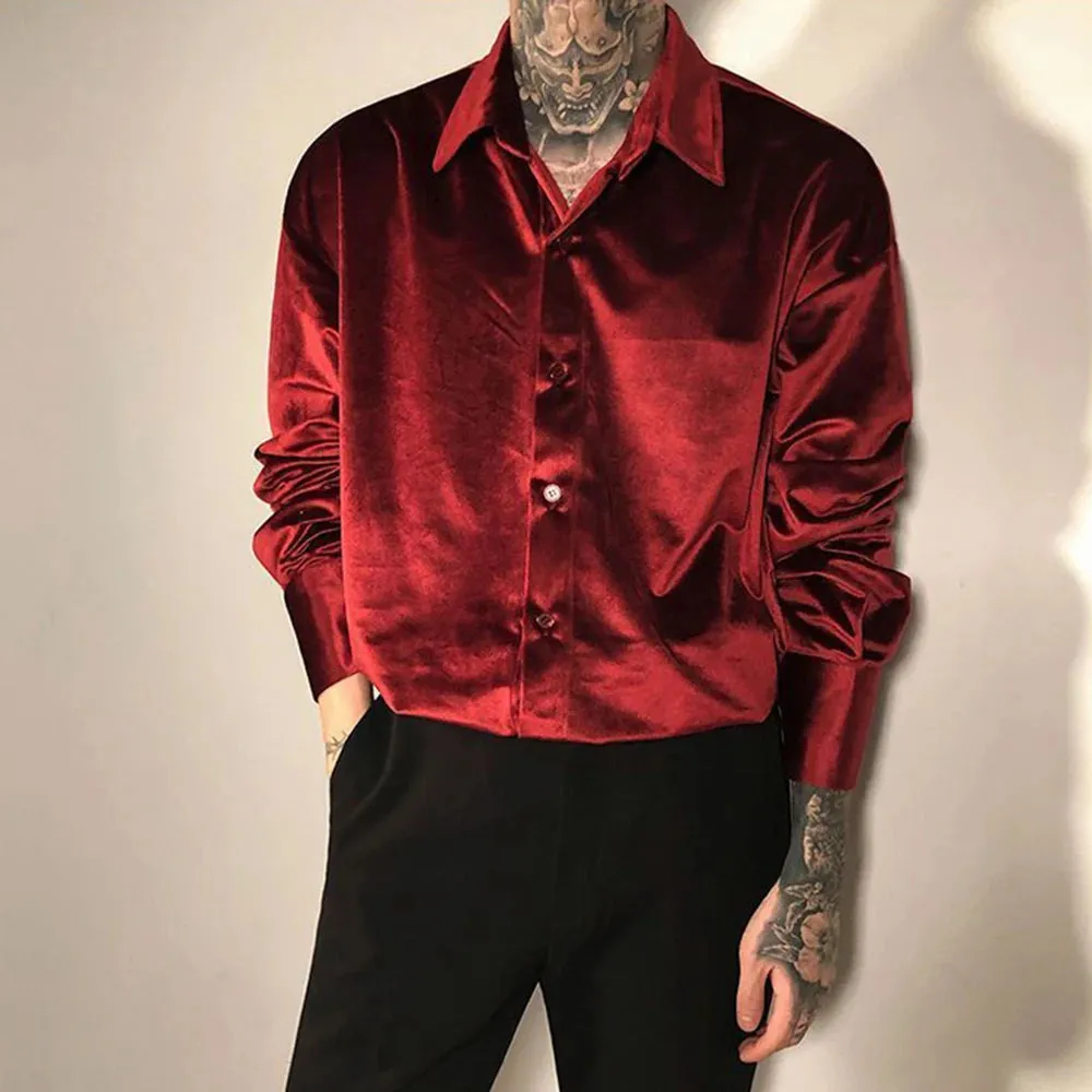 Aidase Mens Autumn French Solid Color Gold Velvet  Shirt Comfortable Fashion Trendy High Street Lazy Casual Long-Sleeve Top For Men