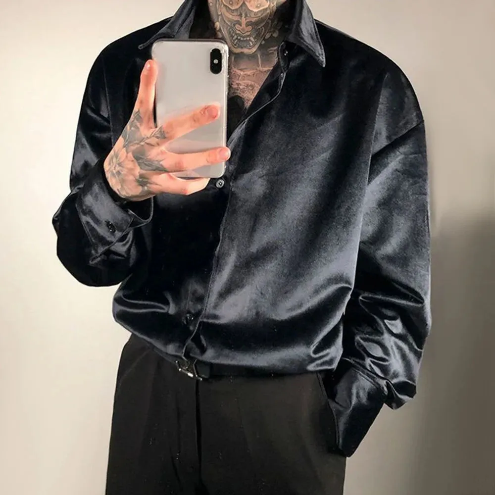 Aidase Mens Autumn French Solid Color Gold Velvet  Shirt Comfortable Fashion Trendy High Street Lazy Casual Long-Sleeve Top For Men
