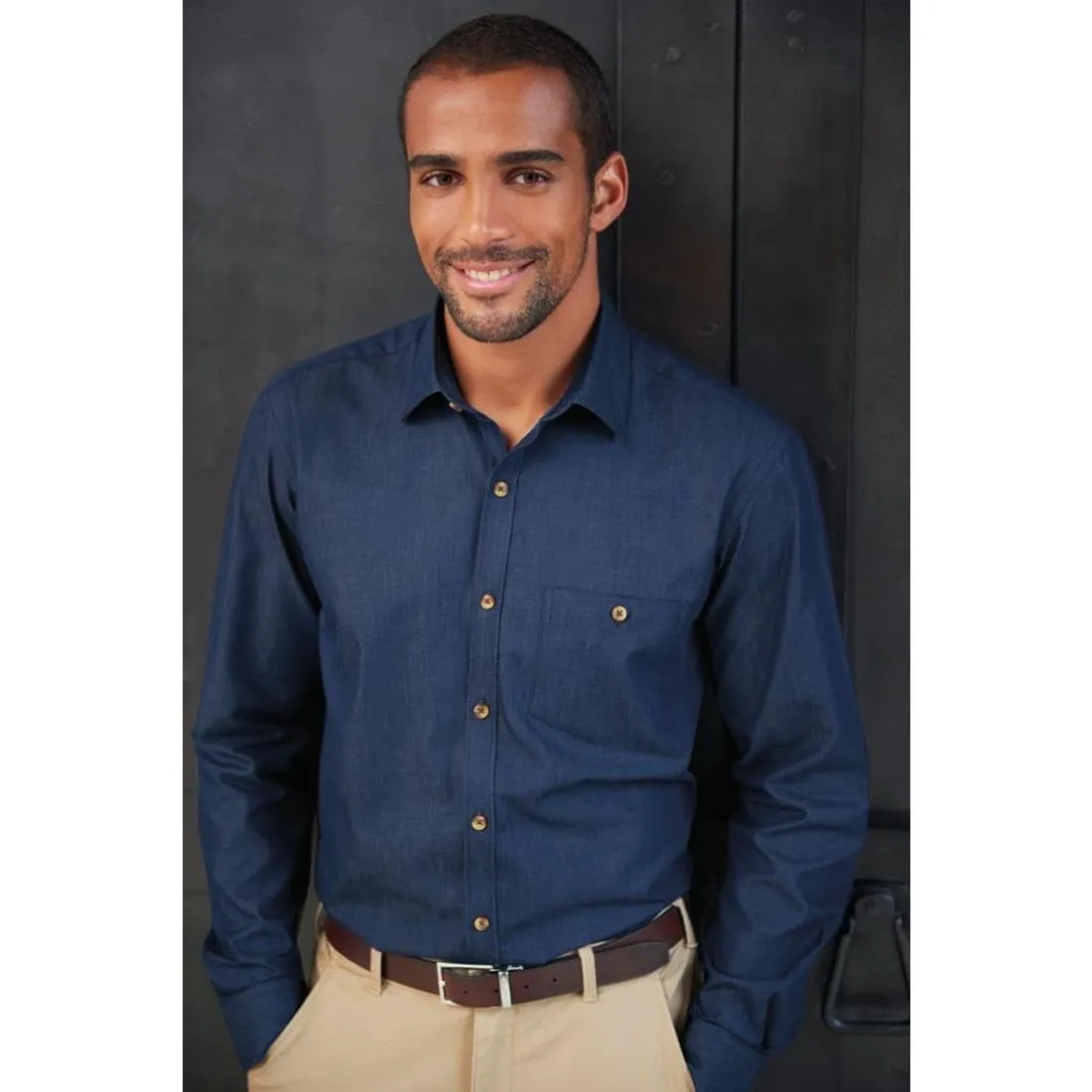 BA145-15.5 Brook Taverner Mens Jasper Long Sleeve Chambray Shirt Navy 15 1/2"