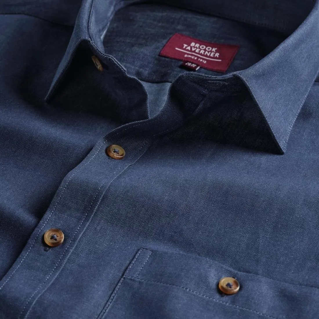 BA145-15.5 Brook Taverner Mens Jasper Long Sleeve Chambray Shirt Navy 15 1/2"