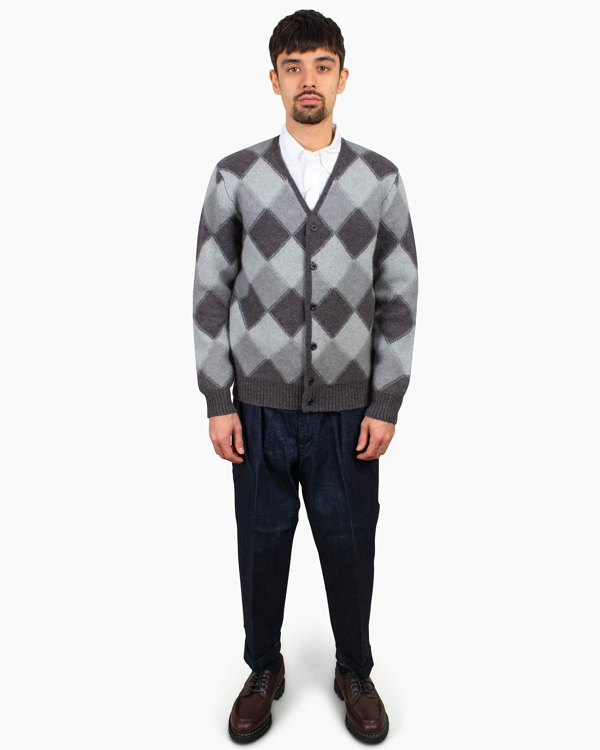 Beams Plus Cardigan Double Jacquard Argyle Pattern Grey