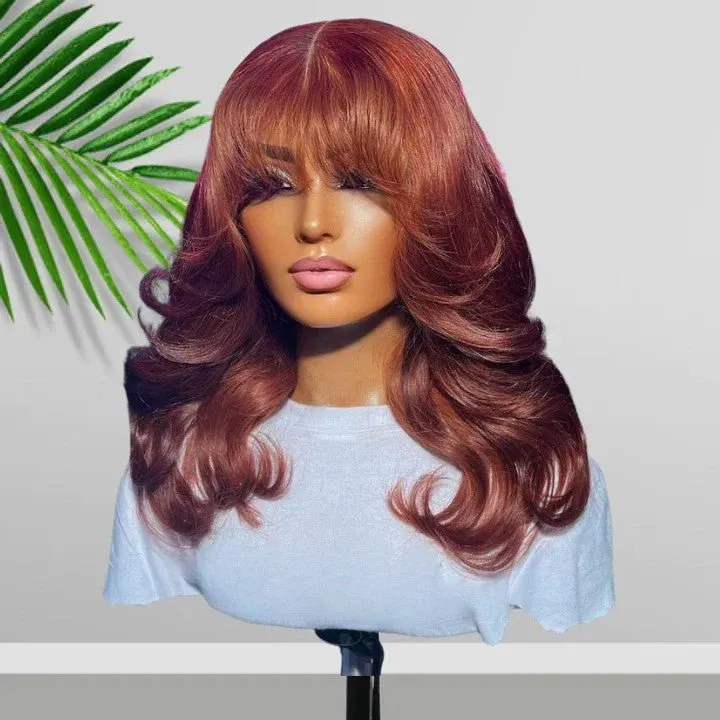 Body Wave Copper 13x4 Lace Front Bombshell Curls Light Layers Wispy Curtain Bangs Color Human Hair Bob Wigs-Geeta Hair