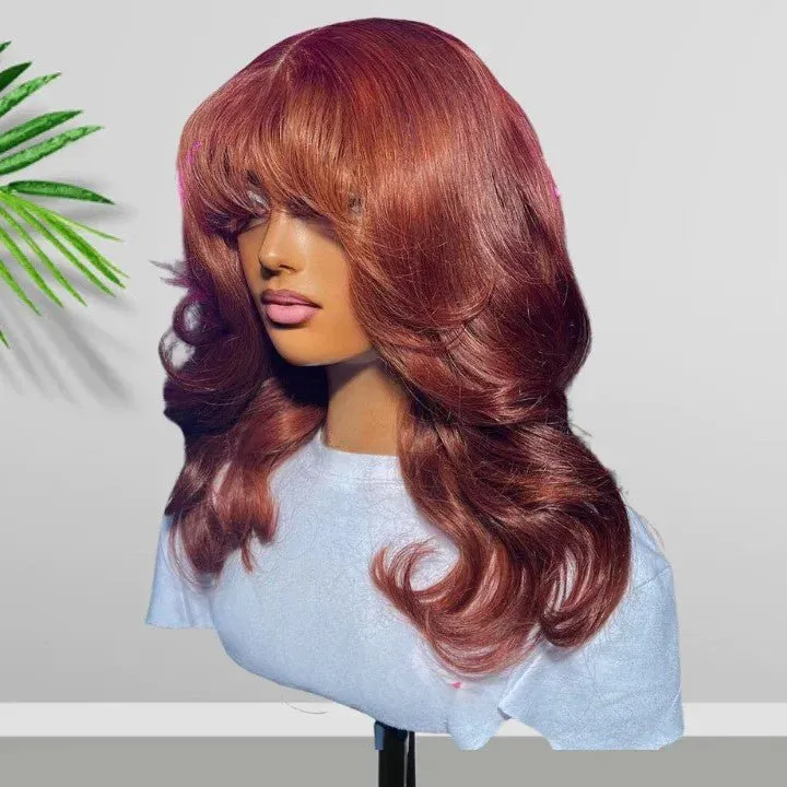 Body Wave Copper 13x4 Lace Front Bombshell Curls Light Layers Wispy Curtain Bangs Color Human Hair Bob Wigs-Geeta Hair