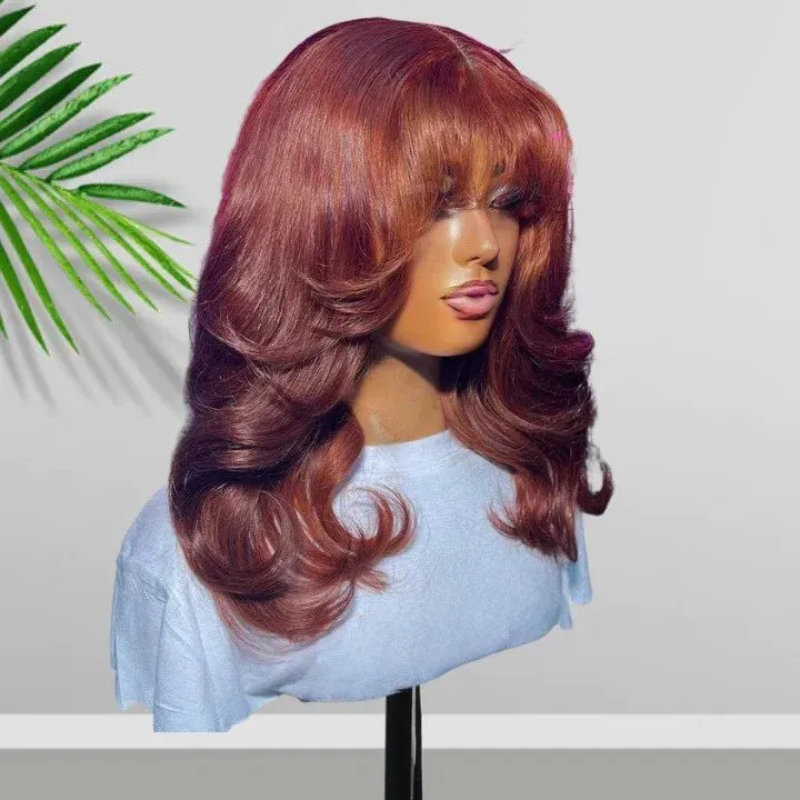Body Wave Copper 13x4 Lace Front Bombshell Curls Light Layers Wispy Curtain Bangs Color Human Hair Bob Wigs-Geeta Hair