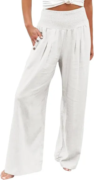 Casual Pants for Women Wide Leg High Waisted Pant Solid Color Loose Fit Elastic Waist Trouser with Button Pockets