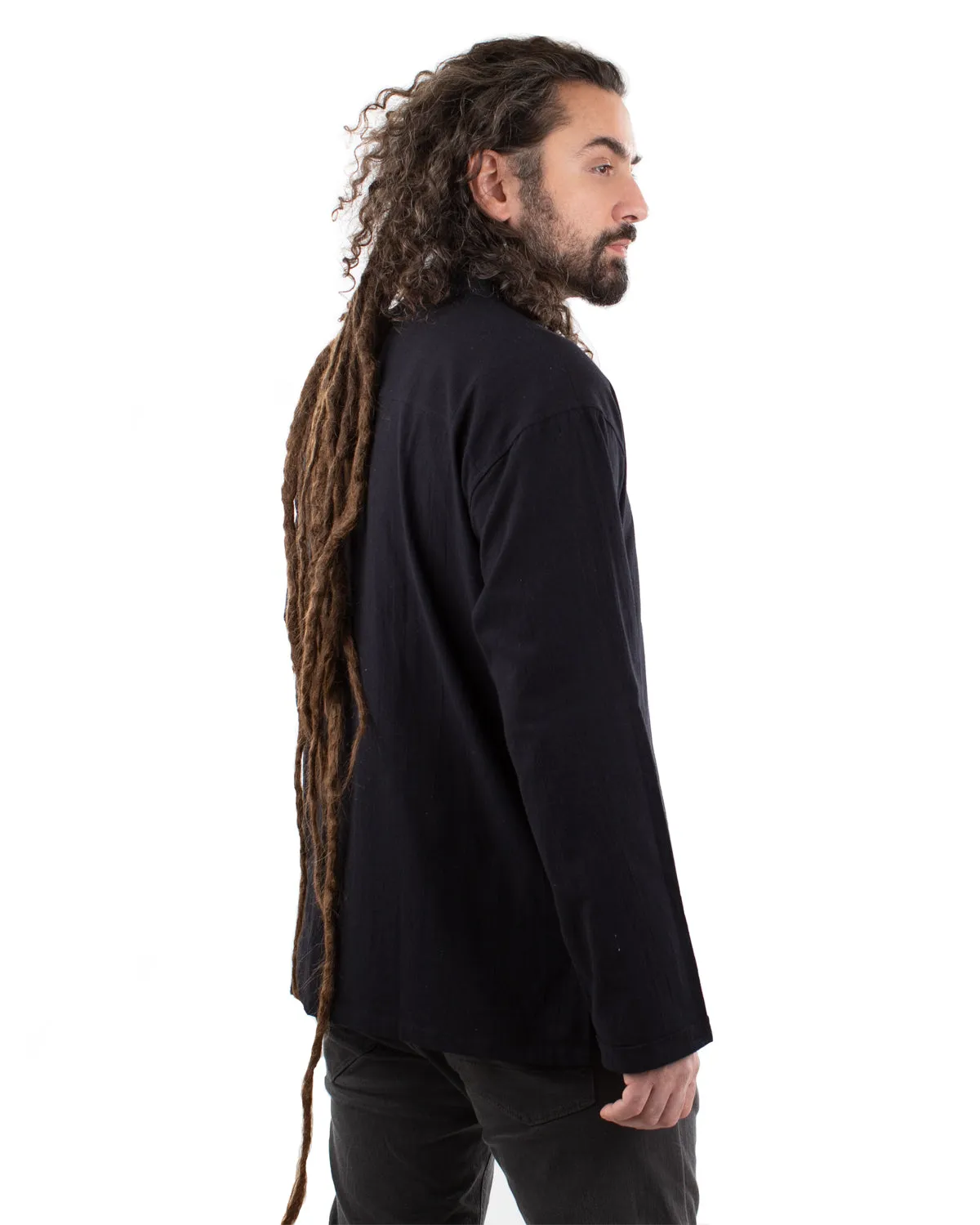 Collarless Long Sleeved Cotton Shirt Black