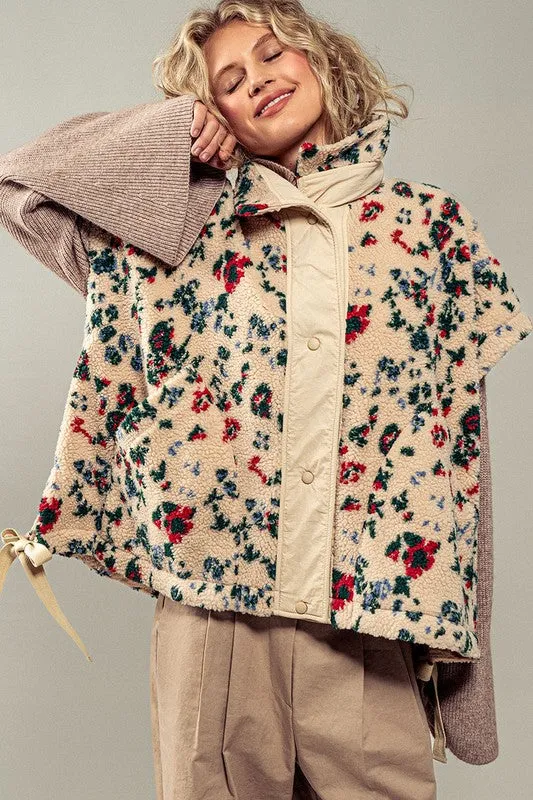 Garden Print Cream Teddy Fleece Vest/Poncho