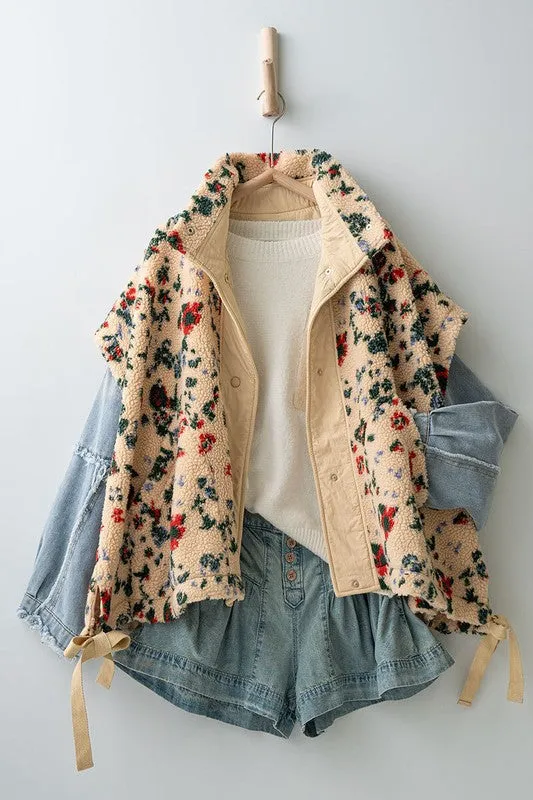 Garden Print Cream Teddy Fleece Vest/Poncho