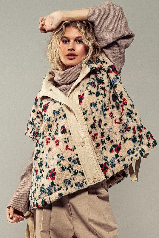 Garden Print Cream Teddy Fleece Vest/Poncho