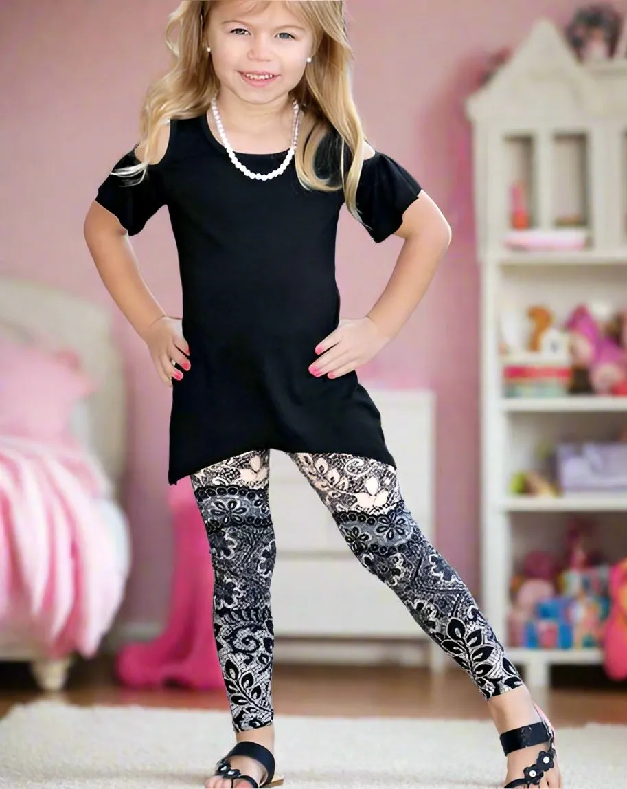 Girls Paisley Lace Leggings, Kids Yoga Pants, Sizes S/L, No-Roll Waist, Beige/Black