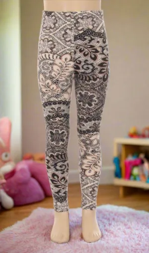 Girls Paisley Lace Leggings, Kids Yoga Pants, Sizes S/L, No-Roll Waist, Beige/Black