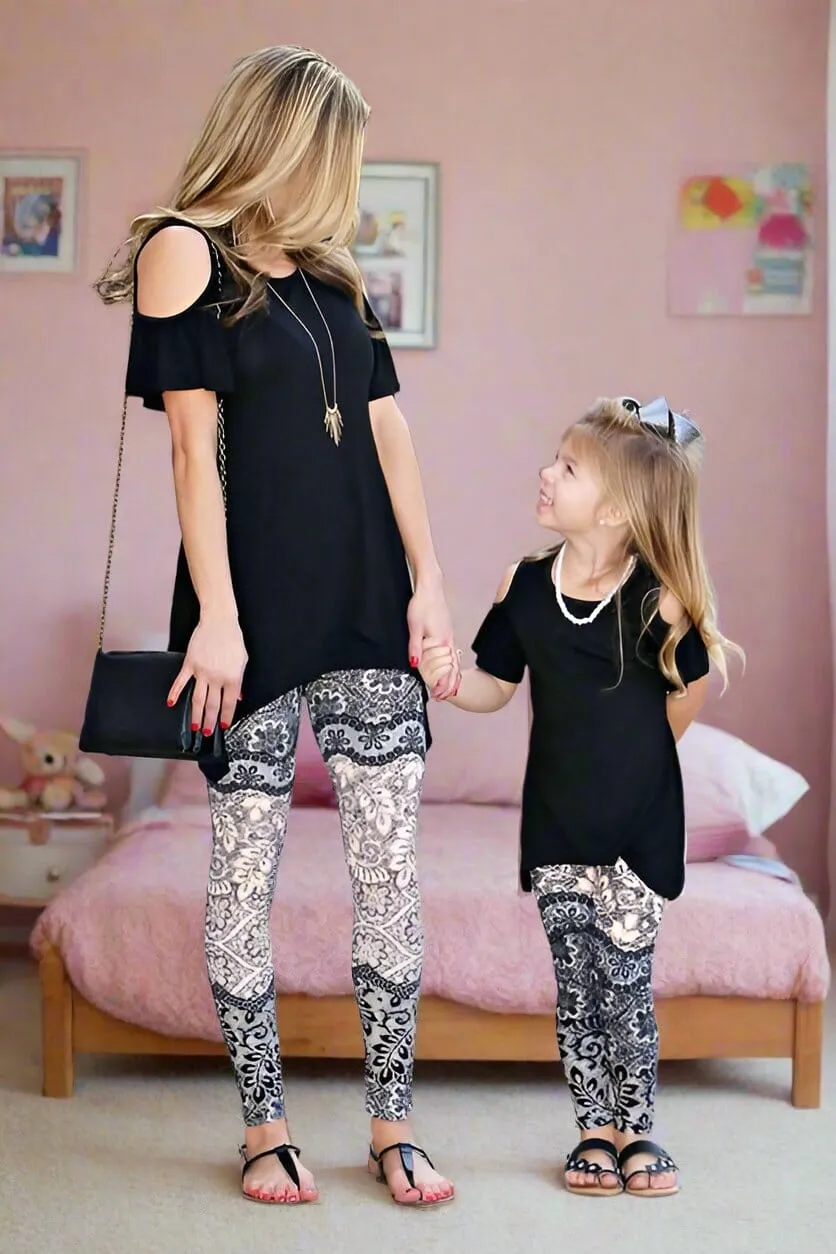 Girls Paisley Lace Leggings, Kids Yoga Pants, Sizes S/L, No-Roll Waist, Beige/Black