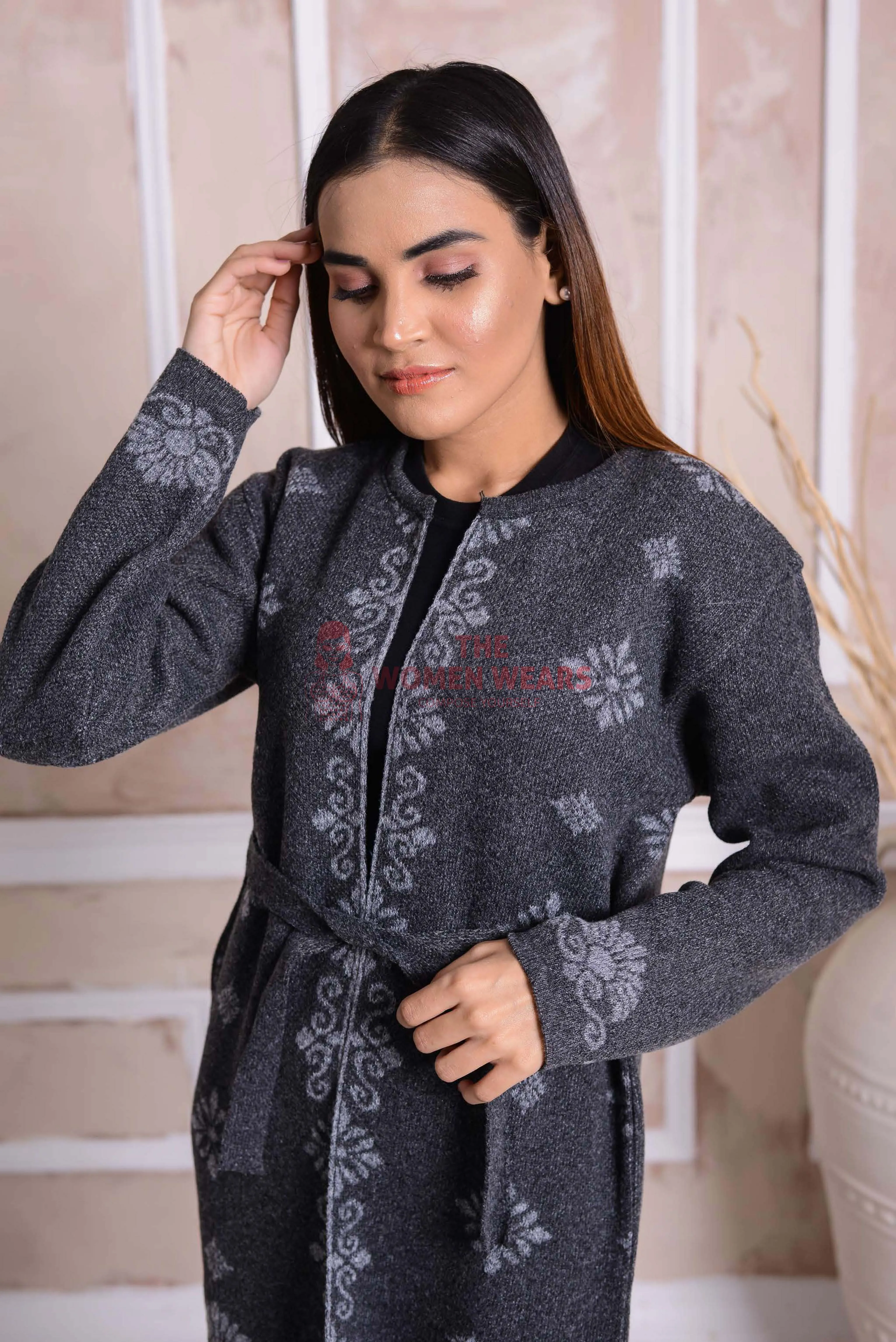 Imported Front Open Charcoal Grey Cozy Belted Cardigan Sweater - (CGN37)