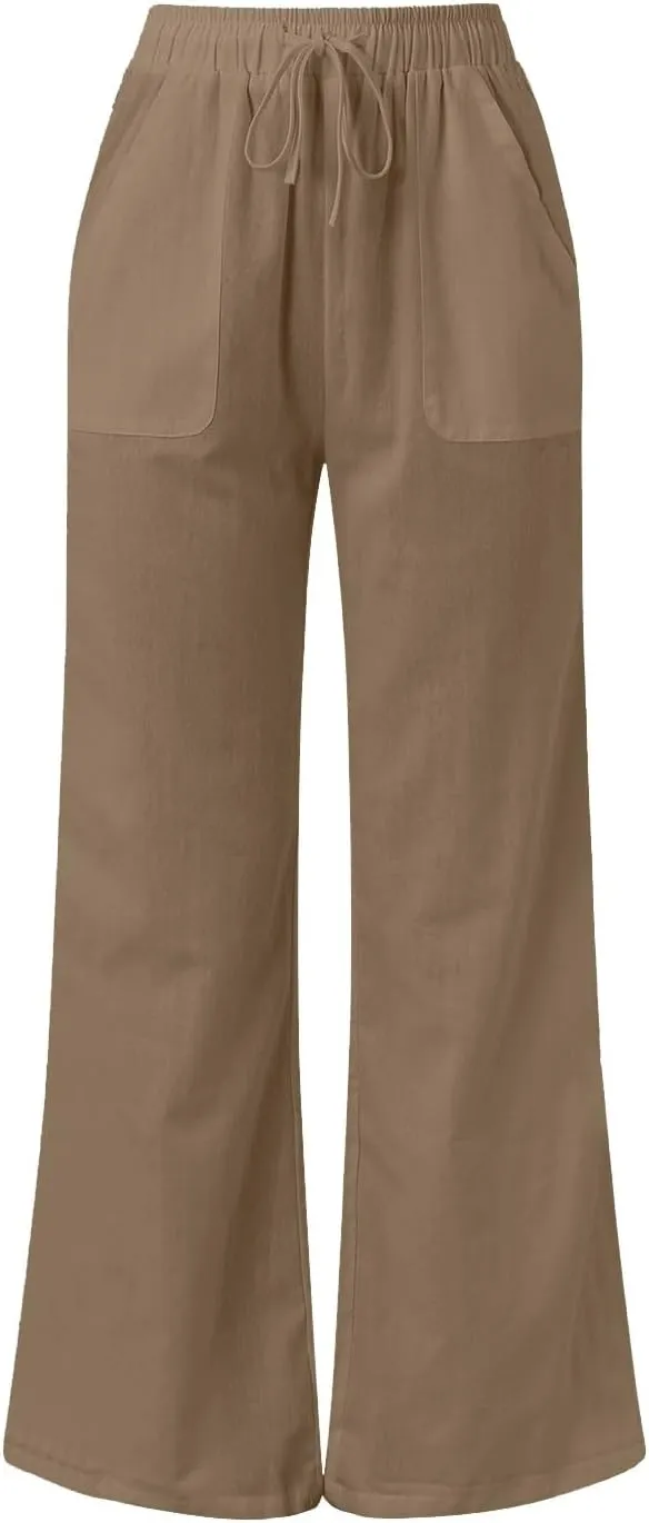 Linen Pants for Women 2024 Summer Plus Size Wide Leg Palazzo Casual Pant Loose Comfy Trendy Boho Beach Trousers with Pockets
