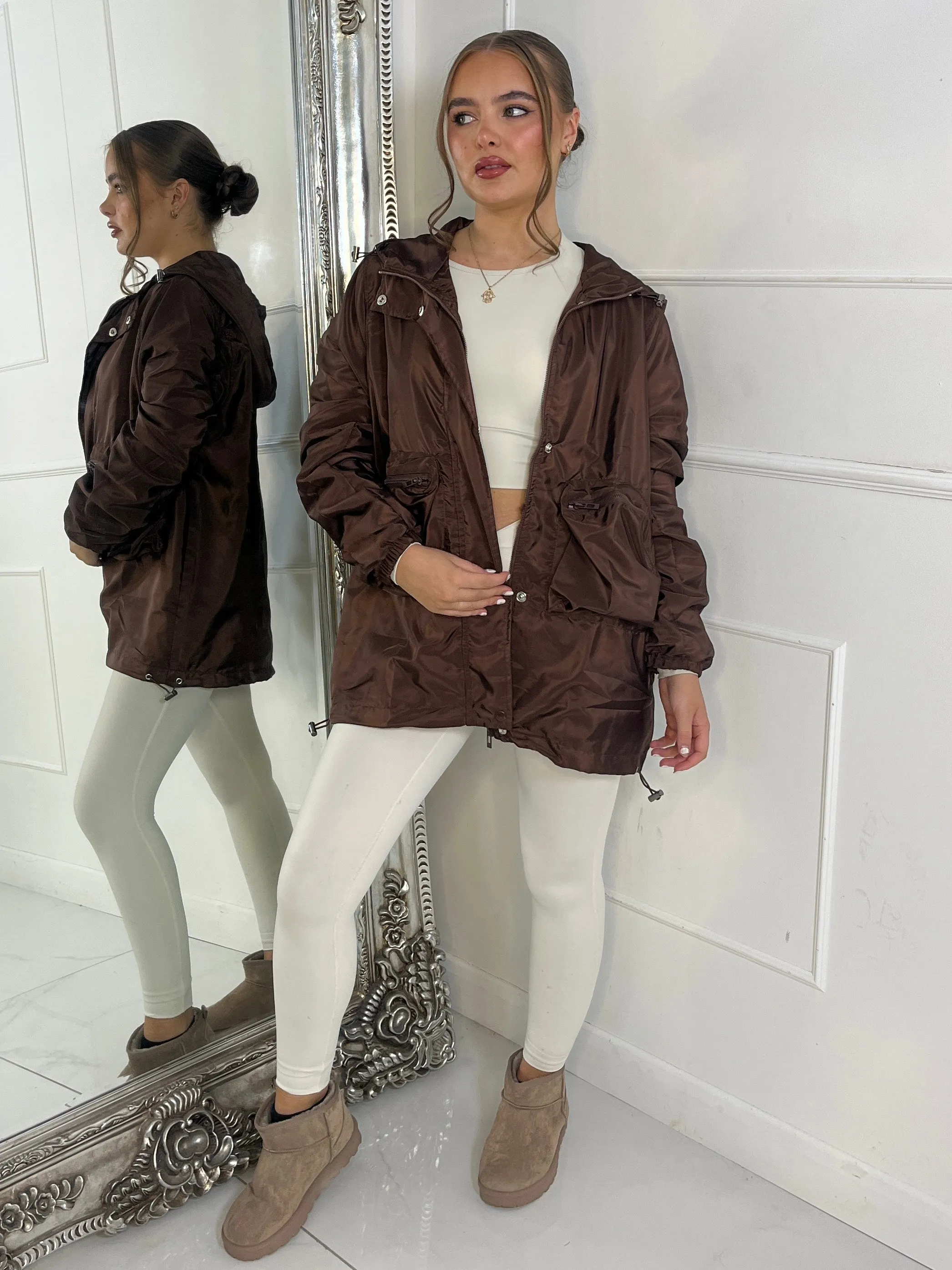 Long Ruched Sleeve Windbreaker Jacket - Brown