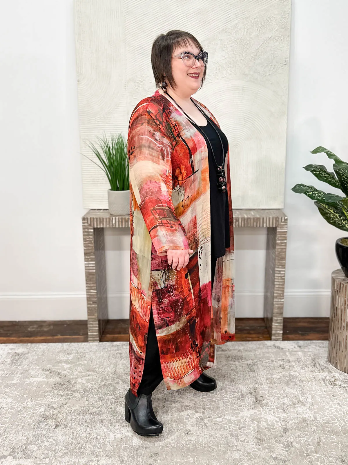 Long Sleeve Duster, Red Multi