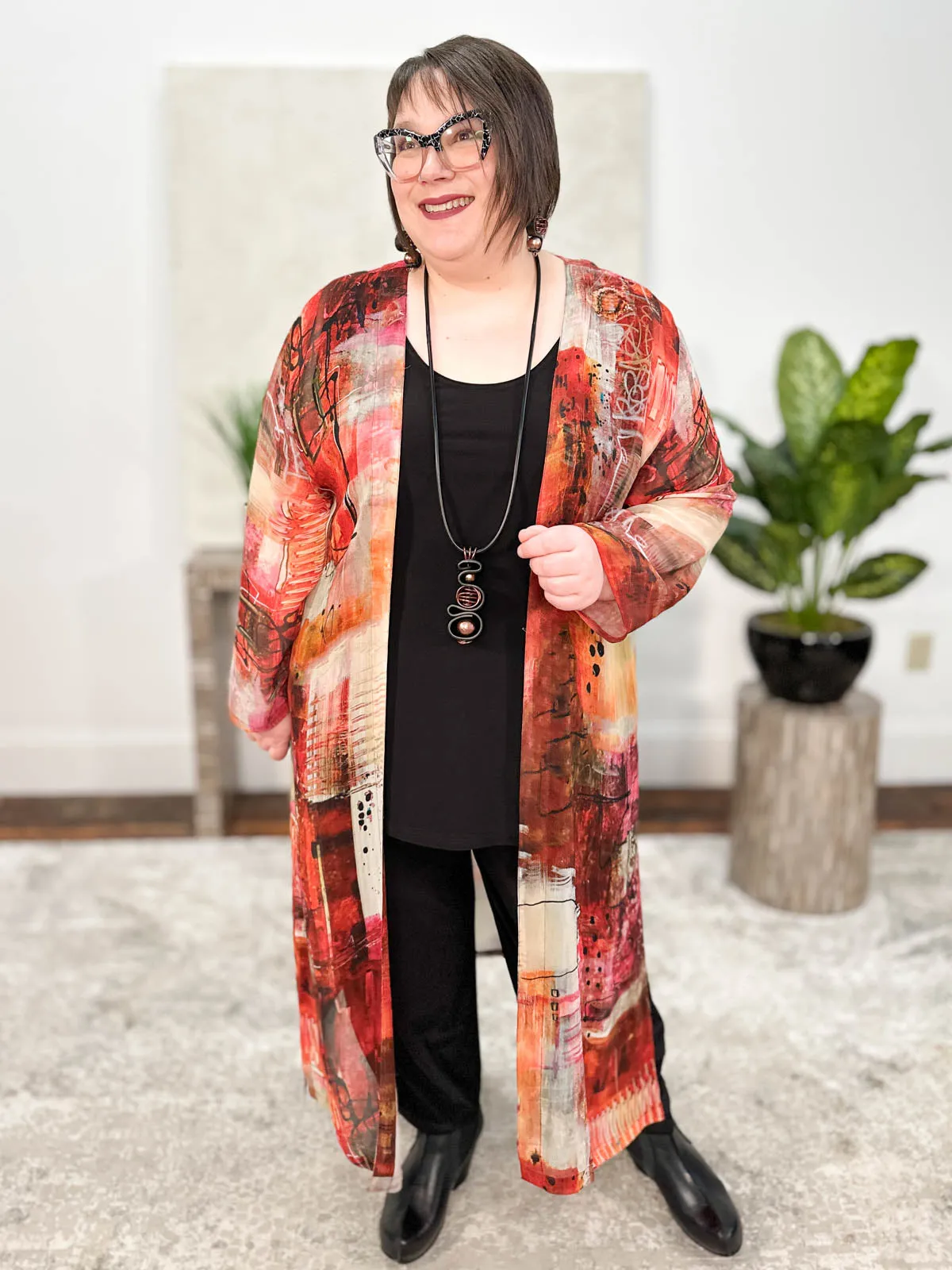 Long Sleeve Duster, Red Multi