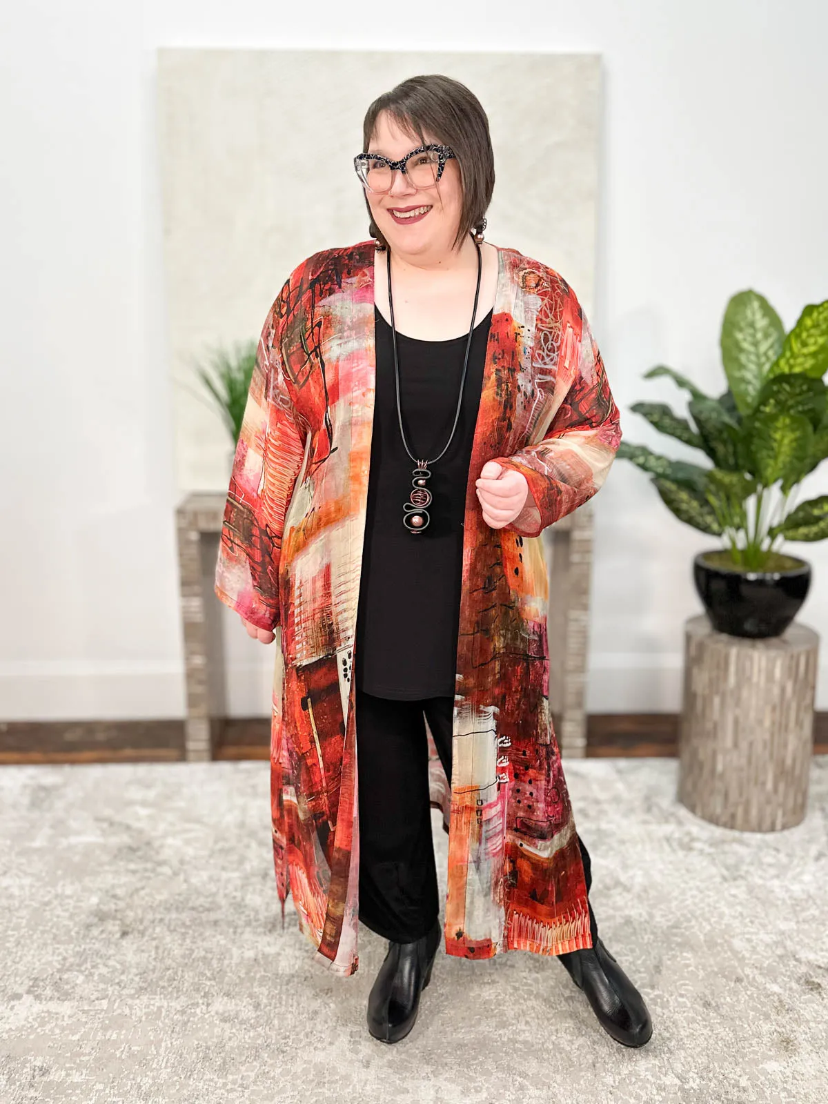 Long Sleeve Duster, Red Multi