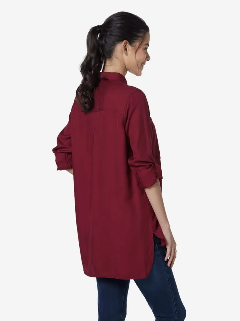 LOV Burgundy High-Low Chambray Casual Shirt