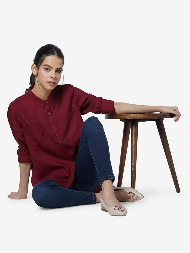 LOV Burgundy High-Low Chambray Casual Shirt