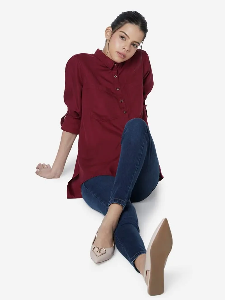 LOV Burgundy High-Low Chambray Casual Shirt