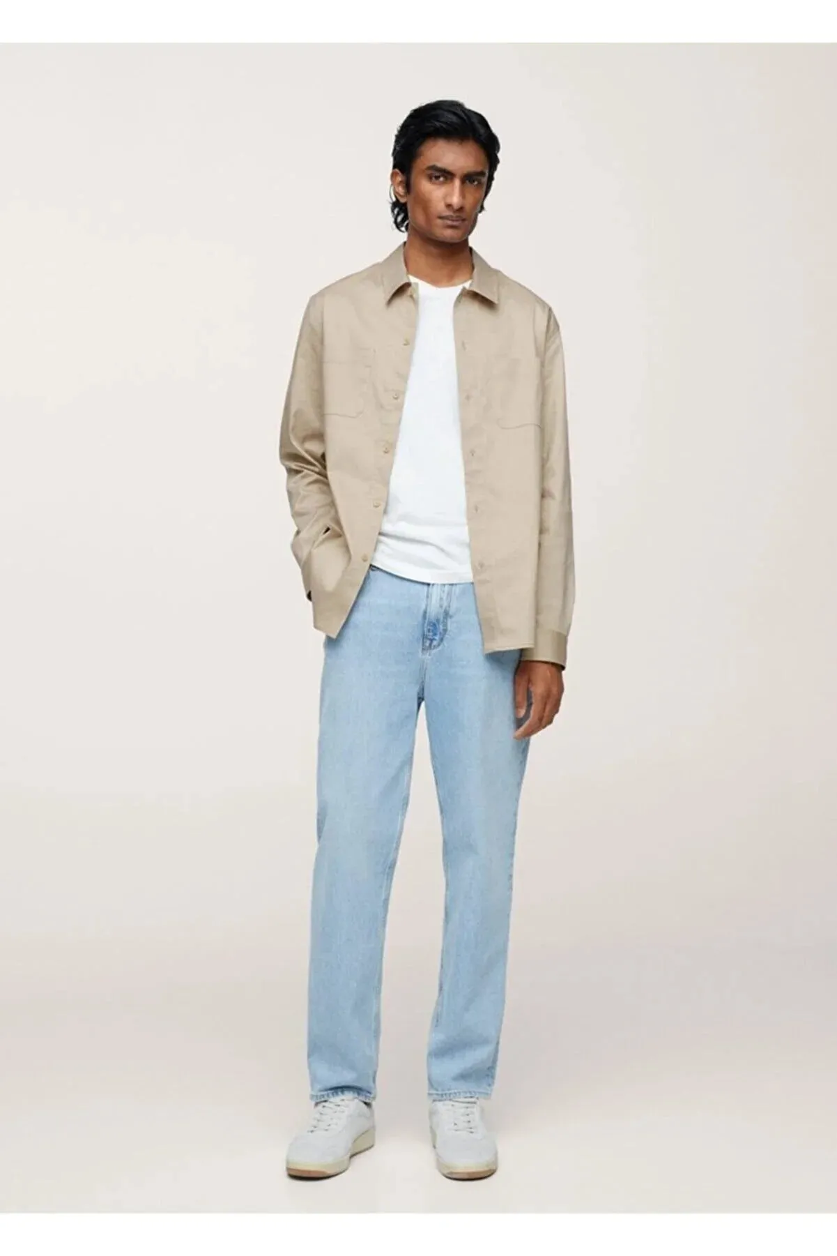 Mango Men's Beige Pocketed Cotton Shirt