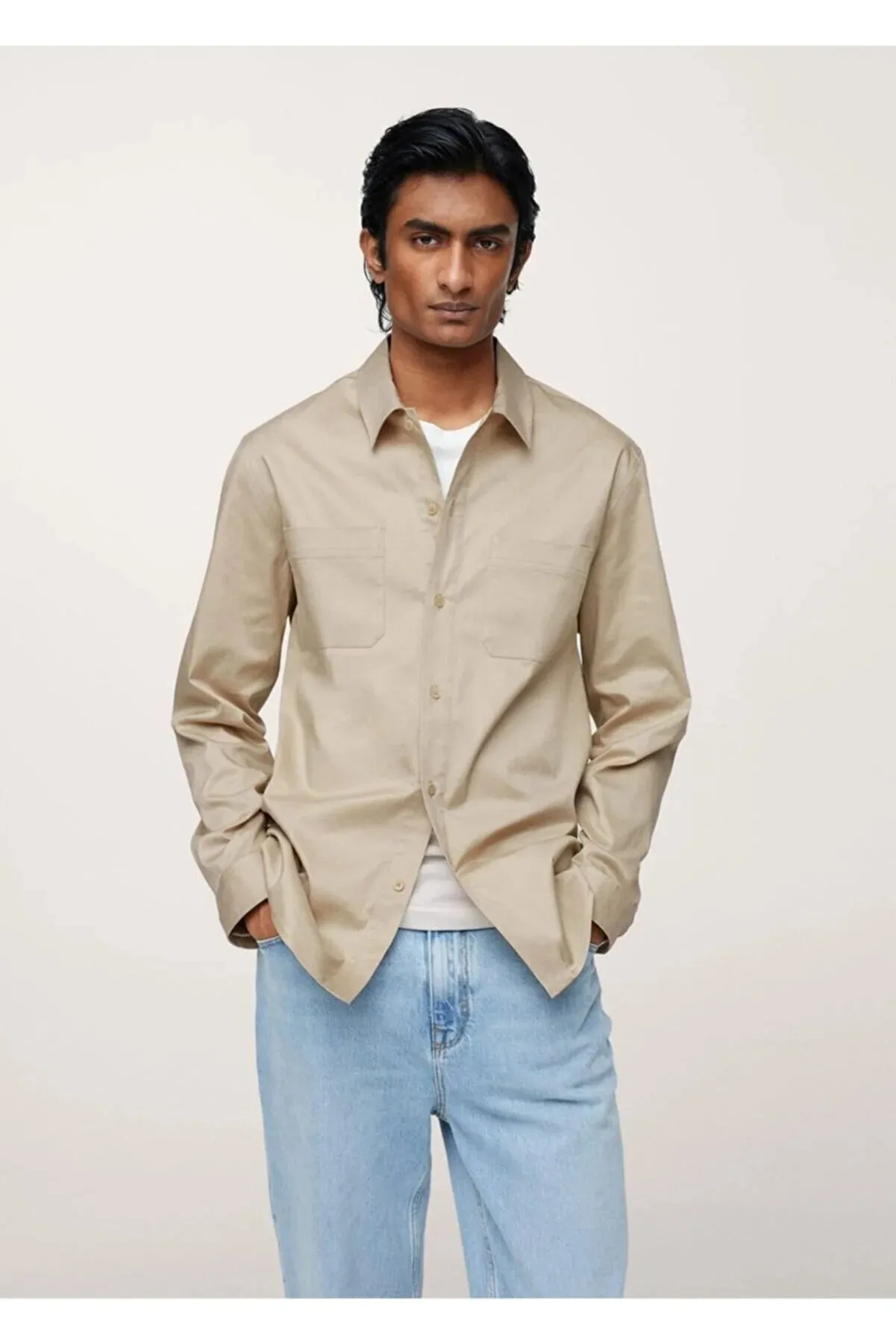 Mango Men's Beige Pocketed Cotton Shirt