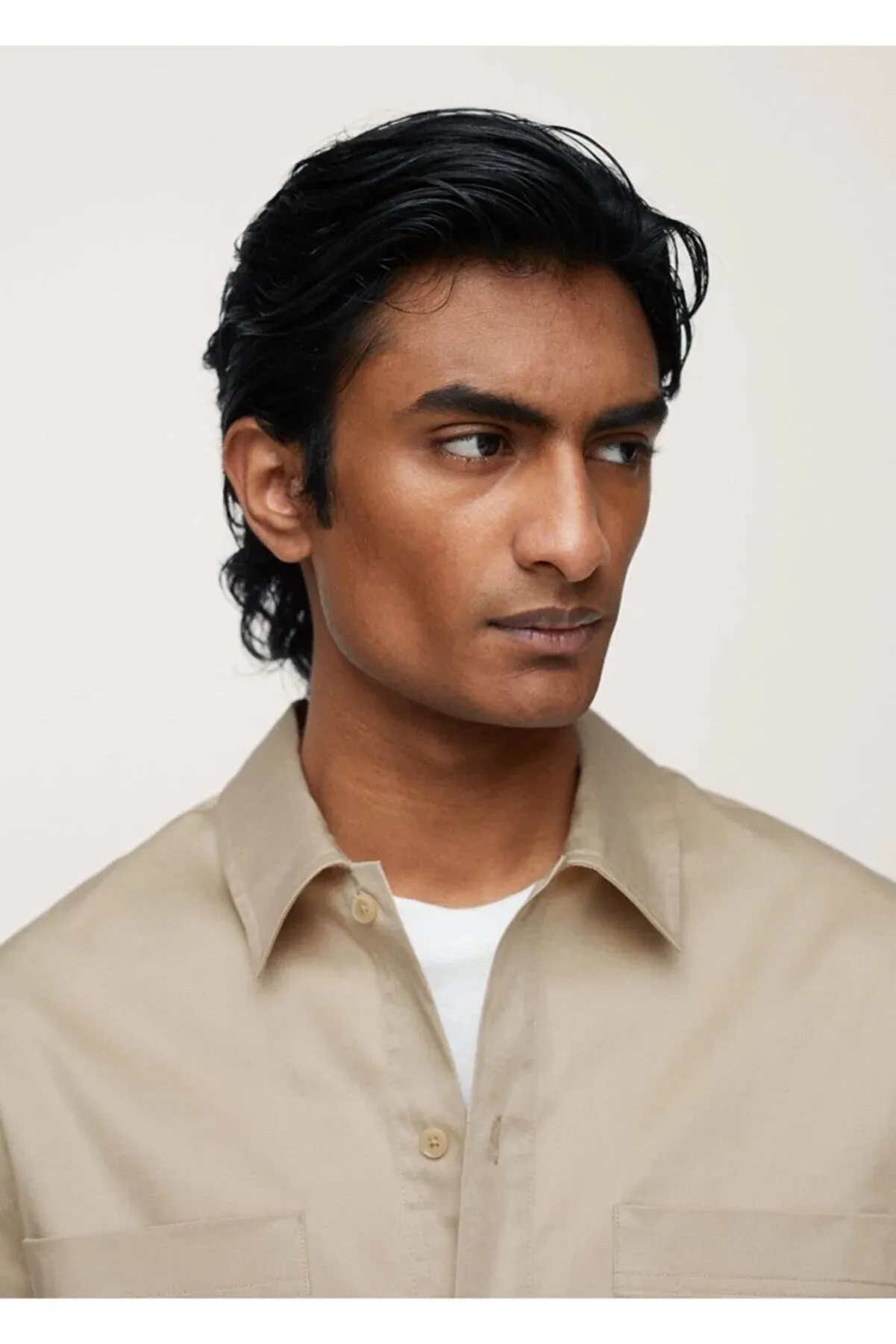 Mango Men's Beige Pocketed Cotton Shirt