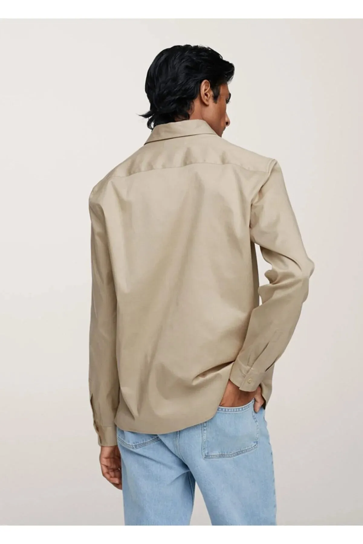 Mango Men's Beige Pocketed Cotton Shirt