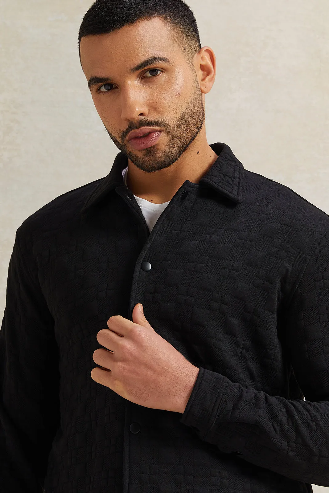 Men Black Jacquard Collared Shirt