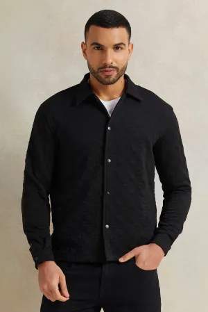 Men Black Jacquard Collared Shirt