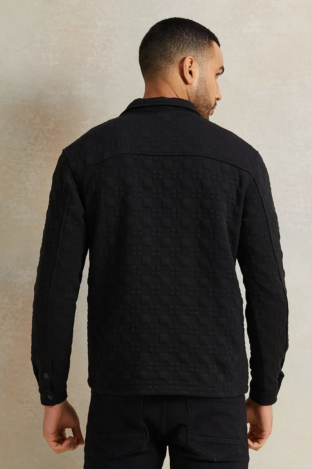 Men Black Jacquard Collared Shirt