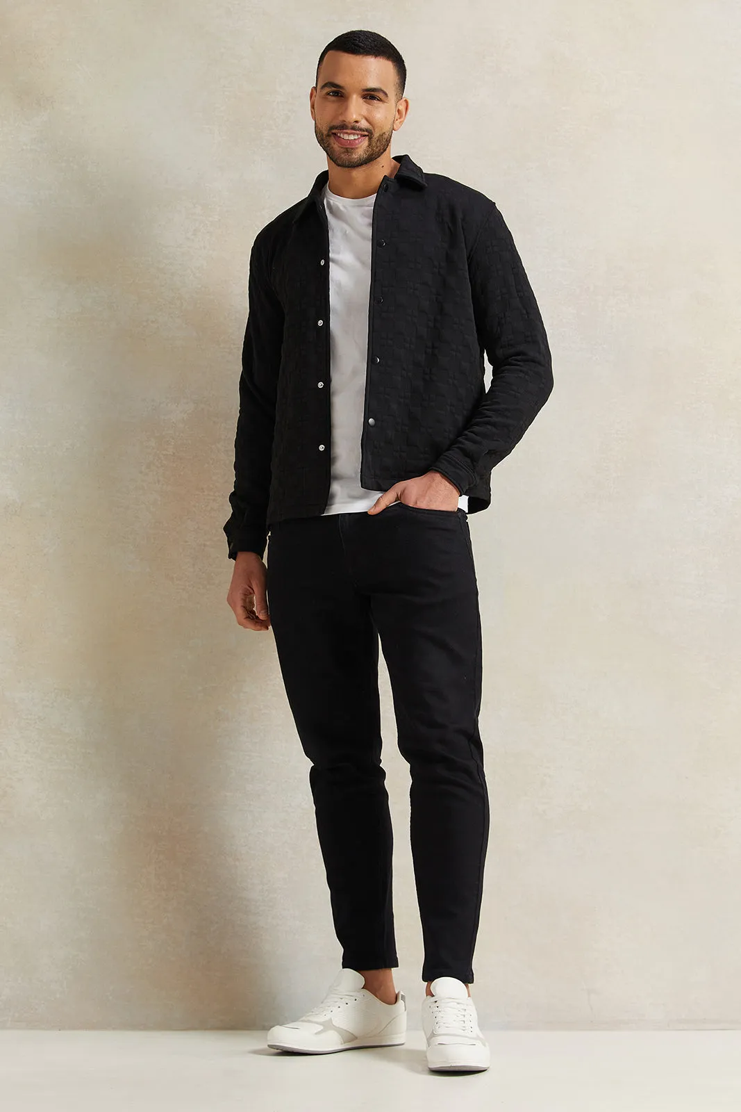 Men Black Jacquard Collared Shirt
