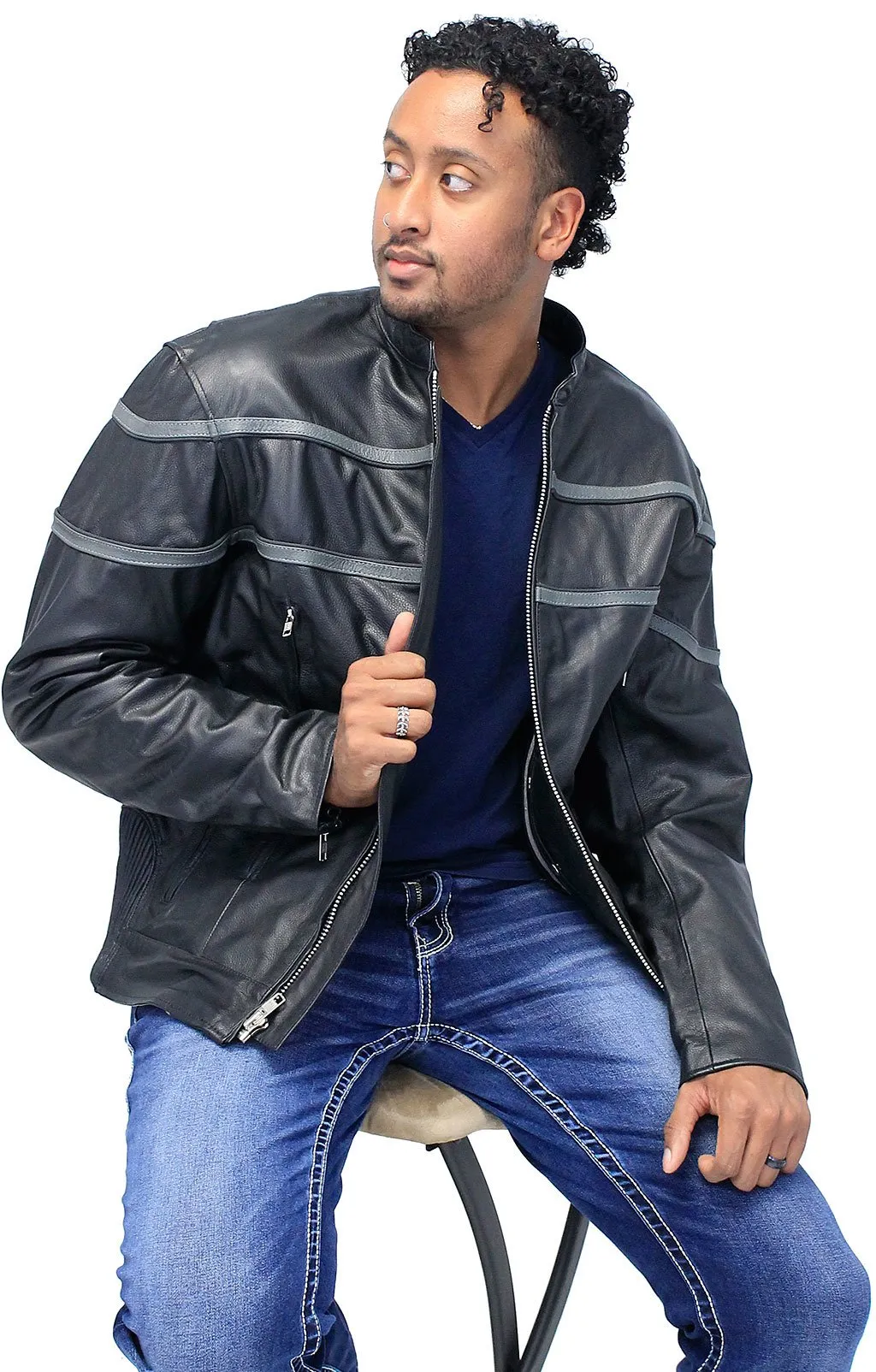 Men's Double Gray Stripe Vented Leather Jacket w/Reflector #M604918VZK