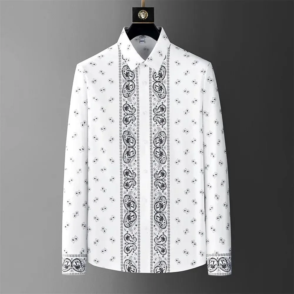 Men's Luxury Printed Long Sleeve Shirt – Retro Slim Fit for Casual, Business, and Party Wear