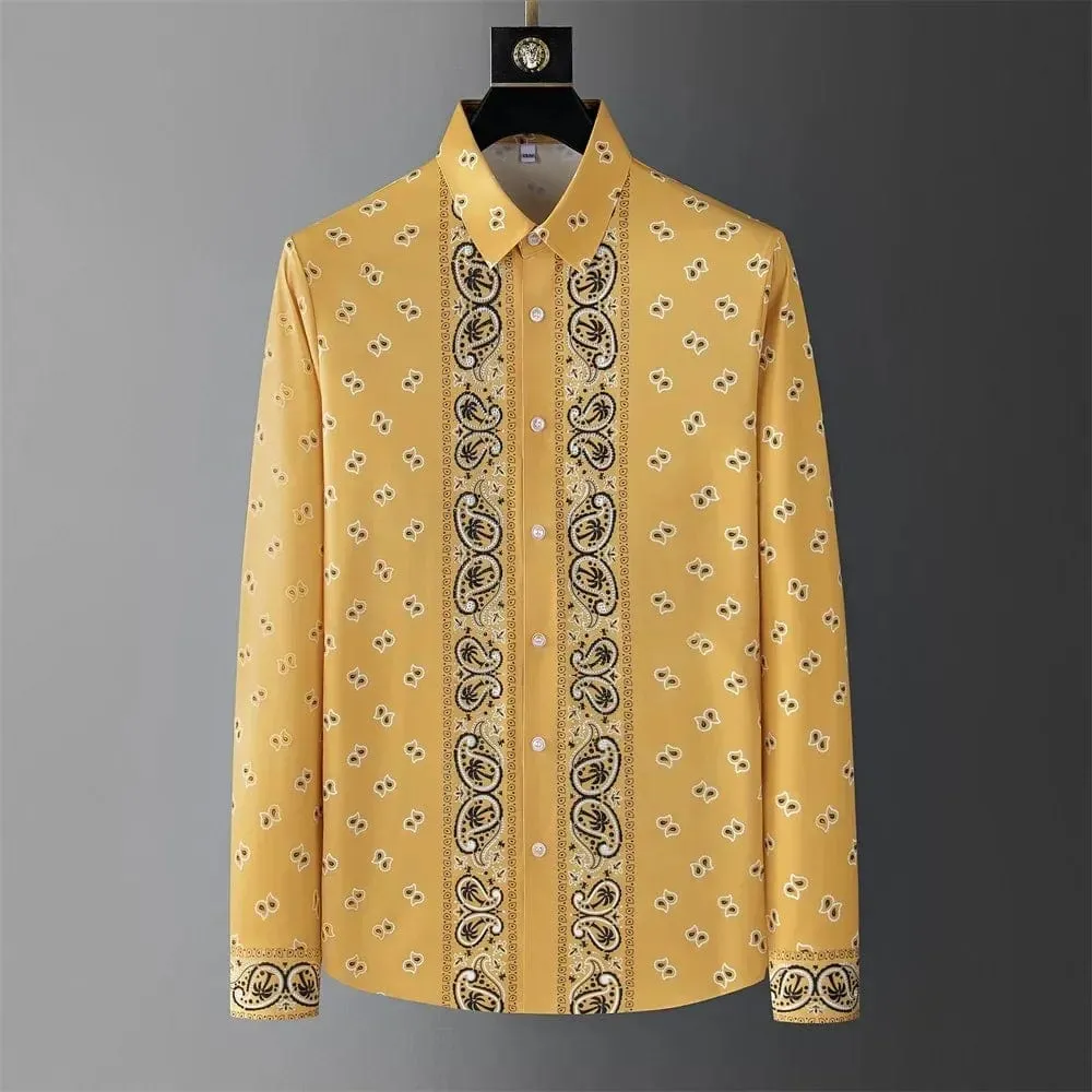 Men's Luxury Printed Long Sleeve Shirt – Retro Slim Fit for Casual, Business, and Party Wear