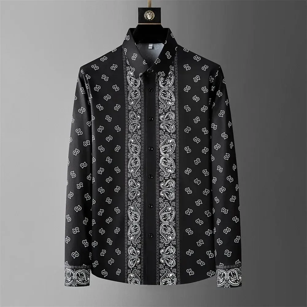 Men's Luxury Printed Long Sleeve Shirt – Retro Slim Fit for Casual, Business, and Party Wear