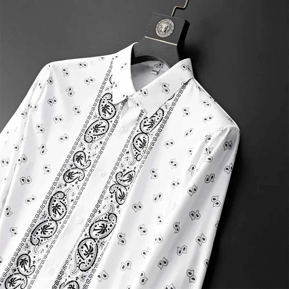 Men's Luxury Printed Long Sleeve Shirt – Retro Slim Fit for Casual, Business, and Party Wear