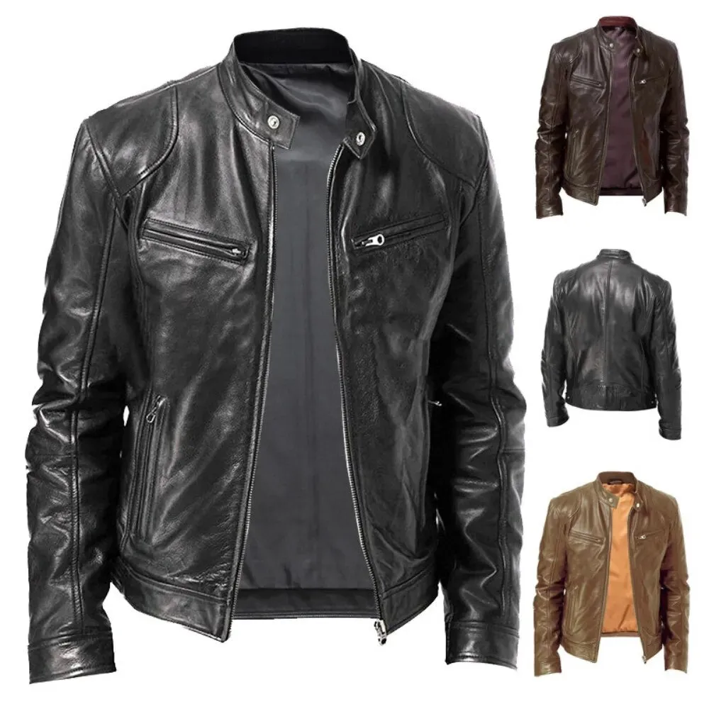 Men's Stand-up Collar Slim Leather Jacket