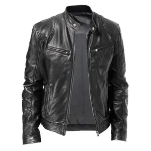 Men's Stand-up Collar Slim Leather Jacket