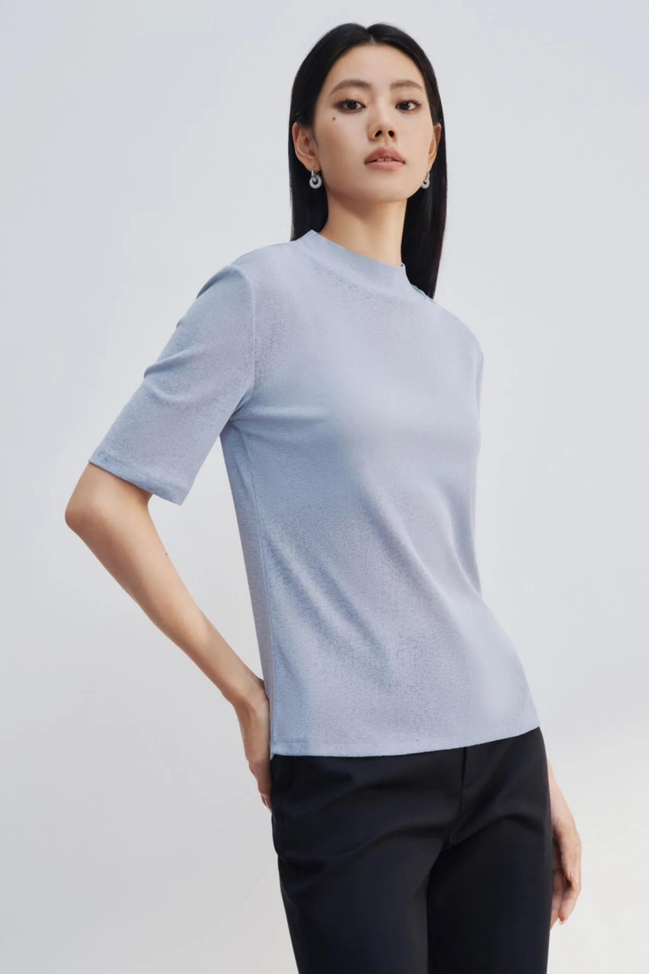 Mock Neck Jacquard Short Sleeve Tee