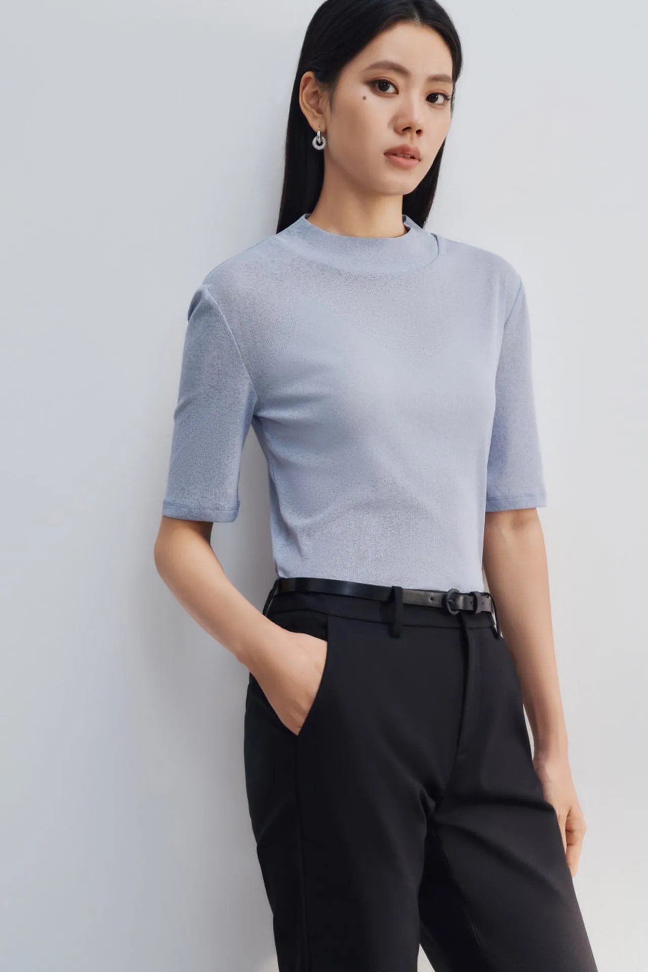 Mock Neck Jacquard Short Sleeve Tee
