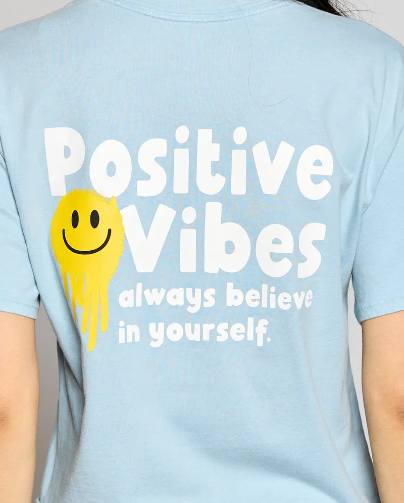 OG - Premium Quality 100% Cotton 'POSITIVE VIBES' Mineral Washed Short Sleeve Cropped Tee Raw Edge