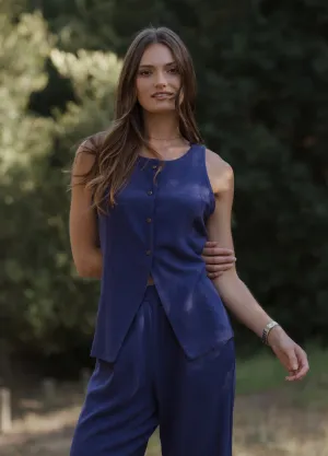 Santorini Long Waistcoat Indigo Linen
