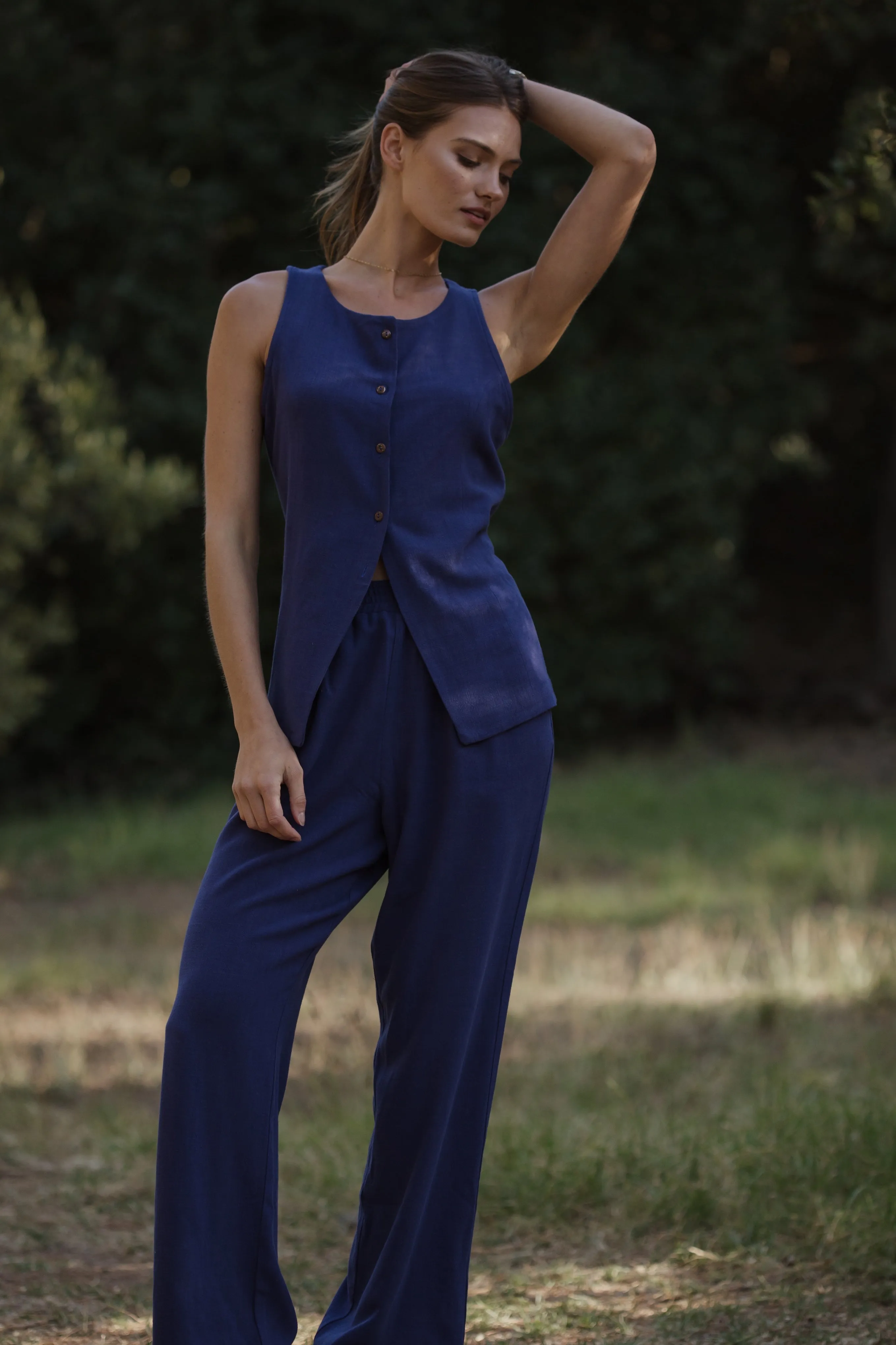 Santorini Long Waistcoat Indigo Linen